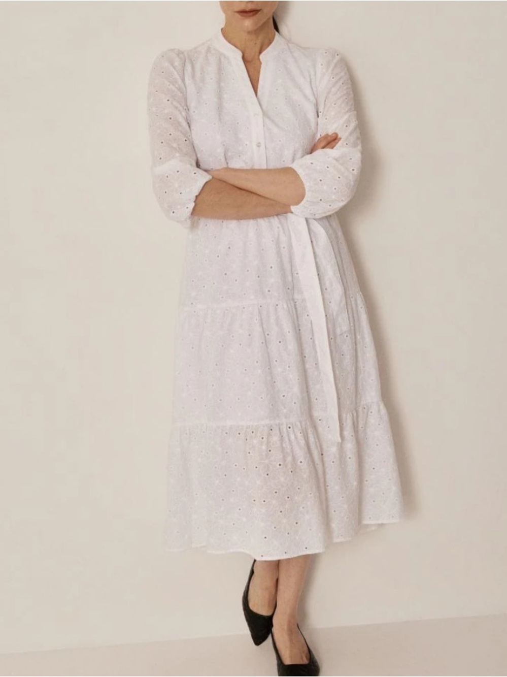 Reserved Eyelet lace embroidered tiered midi dress